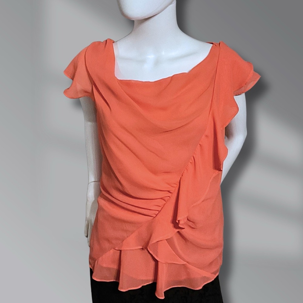 Rafella Women's Bright Coral Ruffle Top Cap Sleeve Size Medium Blouse